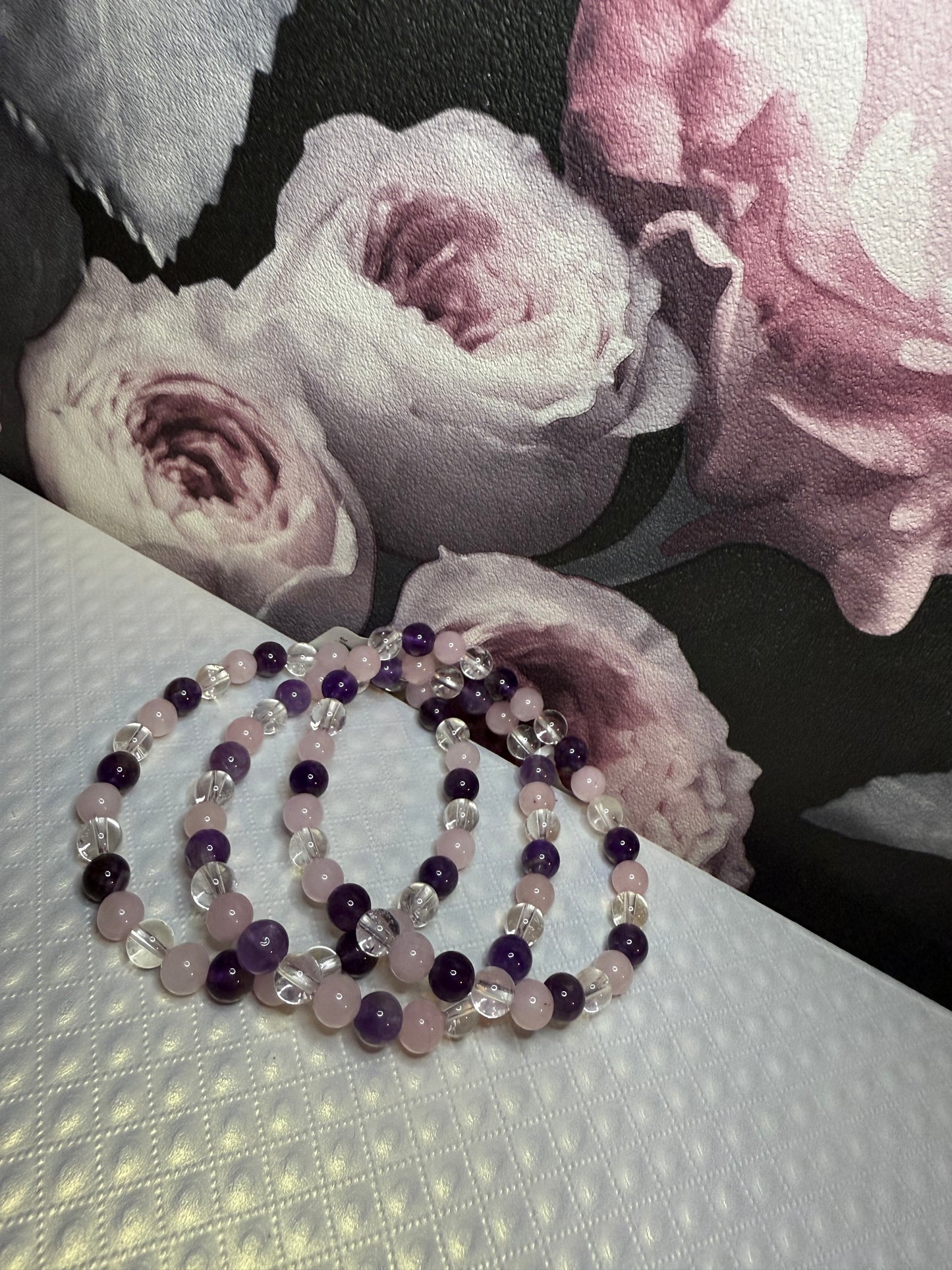 Bracelet améthyste, quartz rose & cristal