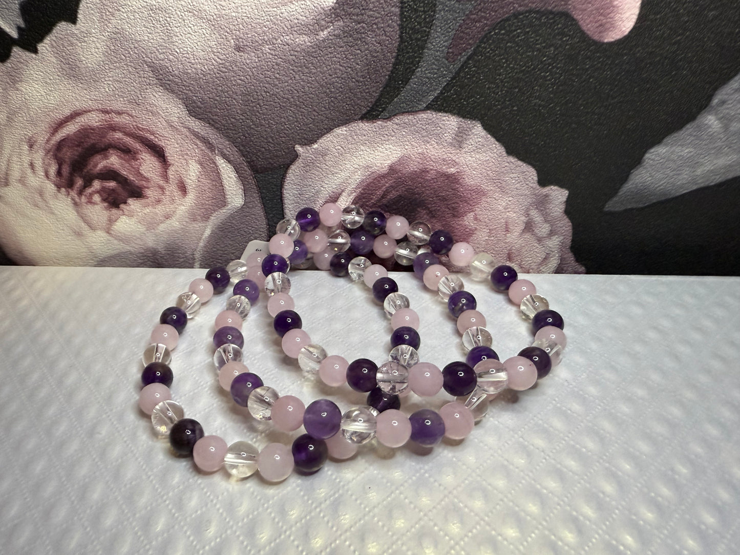 Bracelet améthyste, quartz rose & cristal